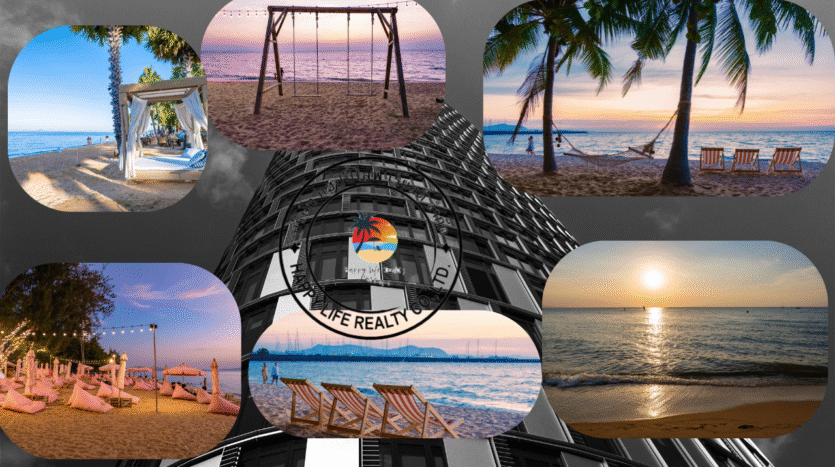 Collage of Na Jomtien beach in Pattaya, Thai Thailand, showing calm ocean views, soft sand, palm trees, and nearby luxury condominiums