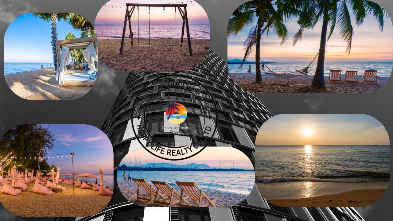 Collage of Na Jomtien beach in Pattaya, Thai Thailand, showing calm ocean views, soft sand, palm trees, and nearby luxury condominiums
