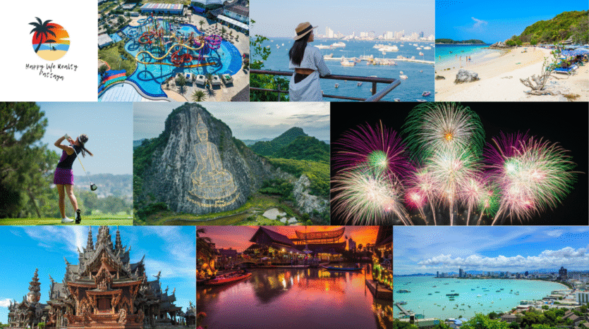 This collage captures the vibrant lifestyle of pet, Thailand-featuring the sanctuary of truth breathtaking architecture, panoramic views from Buddha Mountain, championship golf course courses,-friendly water parks, in the cities's famous tropical beaches. Whether you're seeking adventure., culture, or relax, Pattaya delivers it all in one dynamic destination