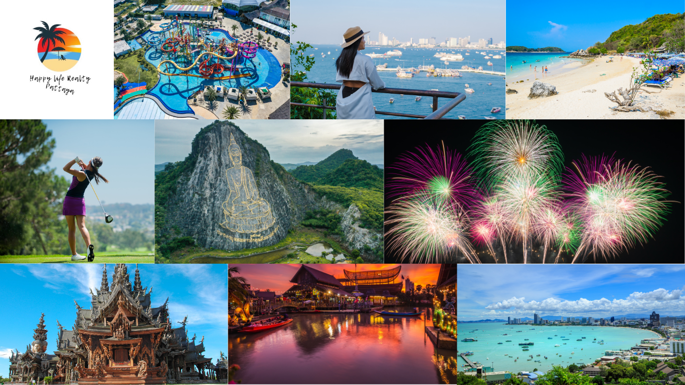 This collage captures the vibrant lifestyle of pet, Thailand-featuring the sanctuary of truth breathtaking architecture, panoramic views from Buddha Mountain, championship golf course courses,-friendly water parks, in the cities's famous tropical beaches. Whether you're seeking adventure., culture, or relax, Pattaya delivers it all in one dynamic destination